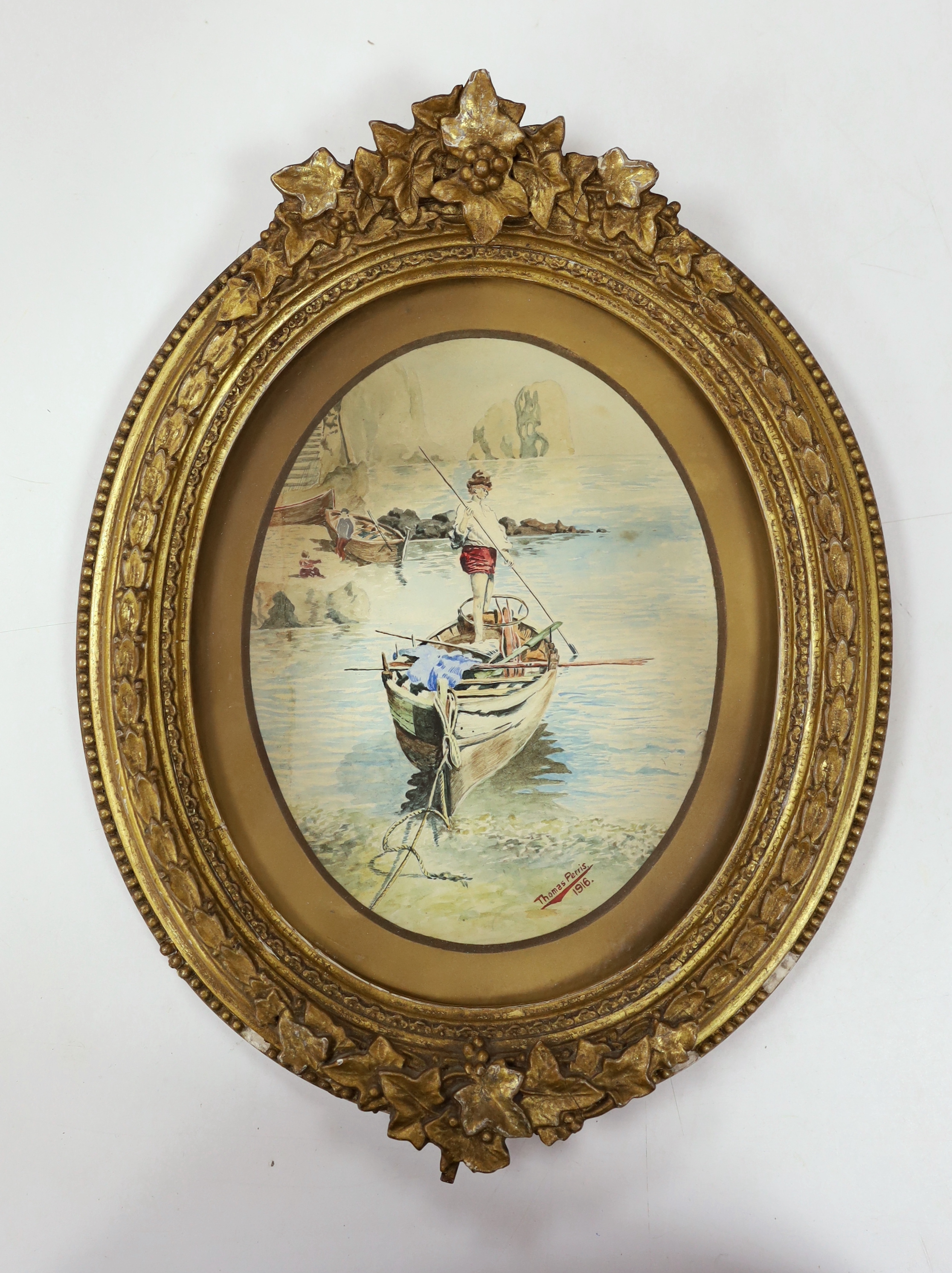Thomas Perris (19th / 20th C), oval watercolour, Boating scene, signed and dated 1916, oval, 20 x 16cm, gilt framed